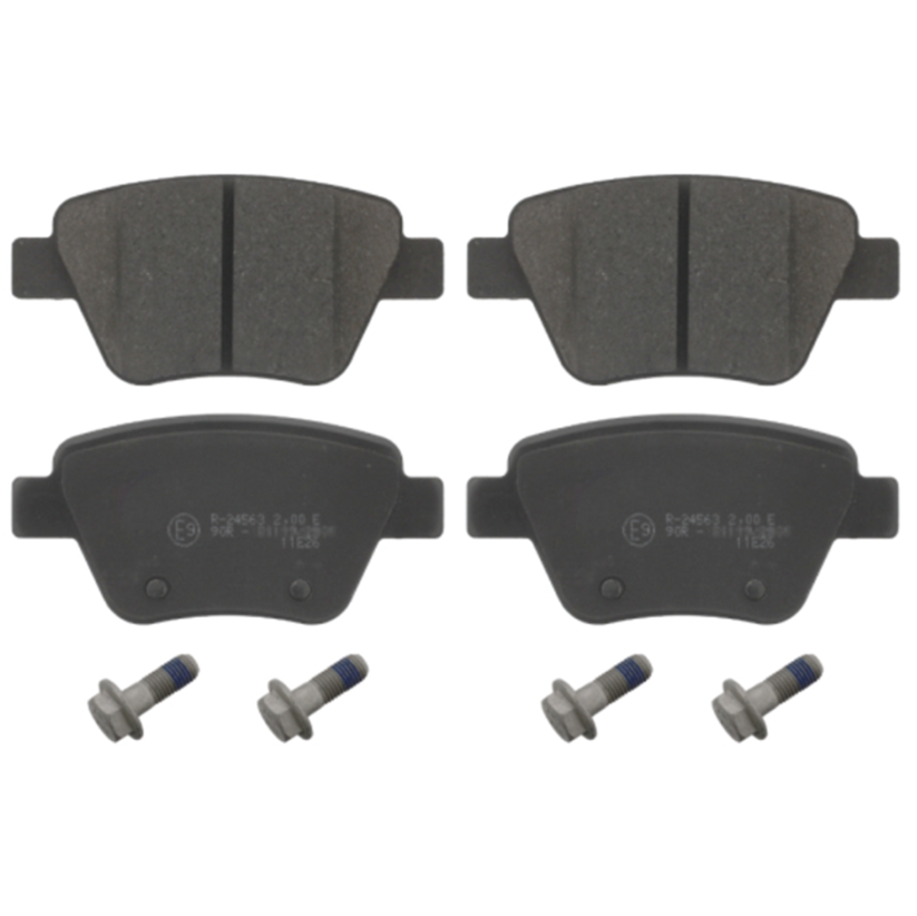 Set of brake pads with screws on a white background