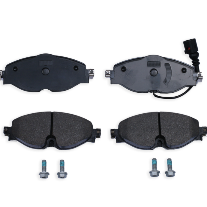 Set of brake pads and hardware on a white background